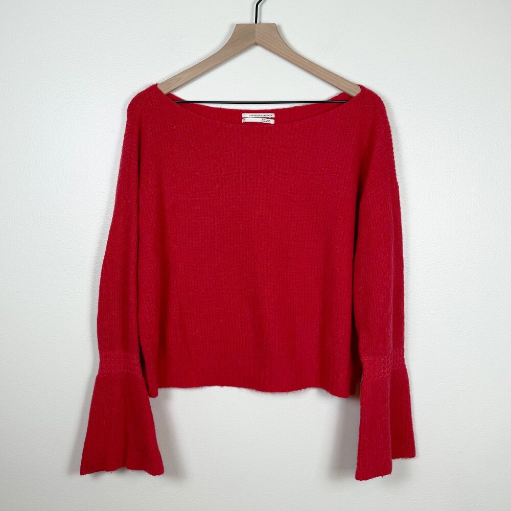 Anthropologie Red Boatneck Bell Sleeve Knit Sweater Size S
